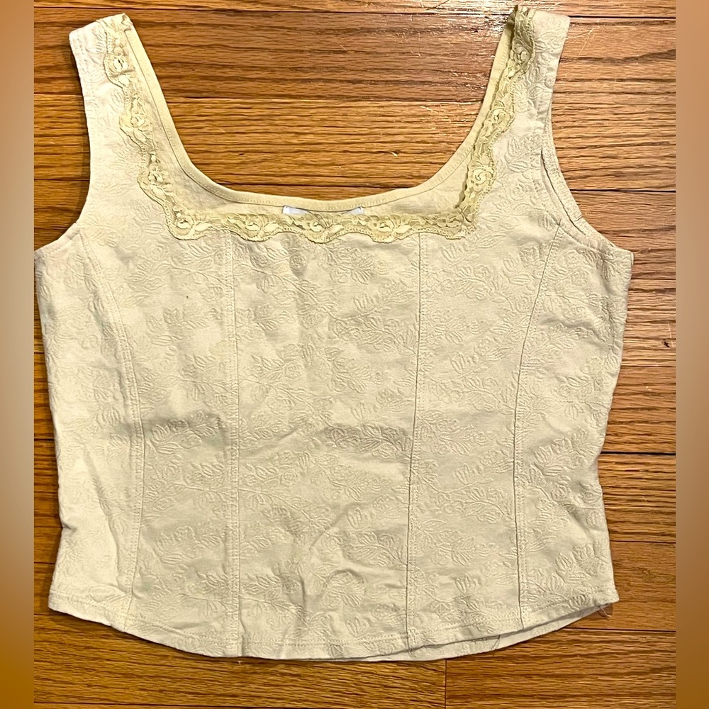 COPY - CAbi lace trimmed beige top